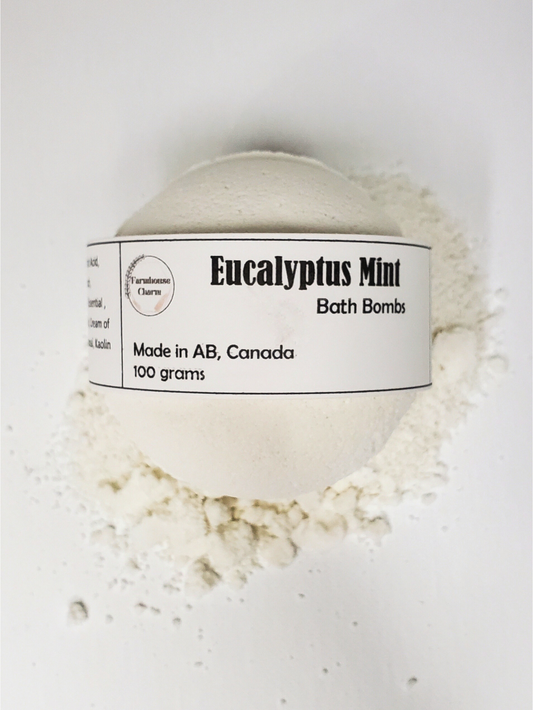 Eucalyptus Mint Bath Bomb- Farmhouse Charm is made with all natural ingredients and infused with essential oils. Drop or hold in bath water. Enjoy the fizzing action, wonderful aromas and nourishing oils.
