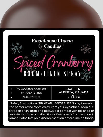 Experience the Festive Season with Spiced Cranberry Room and Linen Spray  Our Spiced Cranberry Room and Linen Spray embodies the true essence of the holiday spirit. The sweet and inviting aroma will fill any room with warmth and comfort. The tart cranberry and mulberry notes provide a refreshing and fruity scent, complemented by the tangy orange that adds a zesty twist. The combination of spicy clove and warm cinnamon creates a cozy ambiance, perfect for chilly winter nights. www.farmhousecharmcandles.com