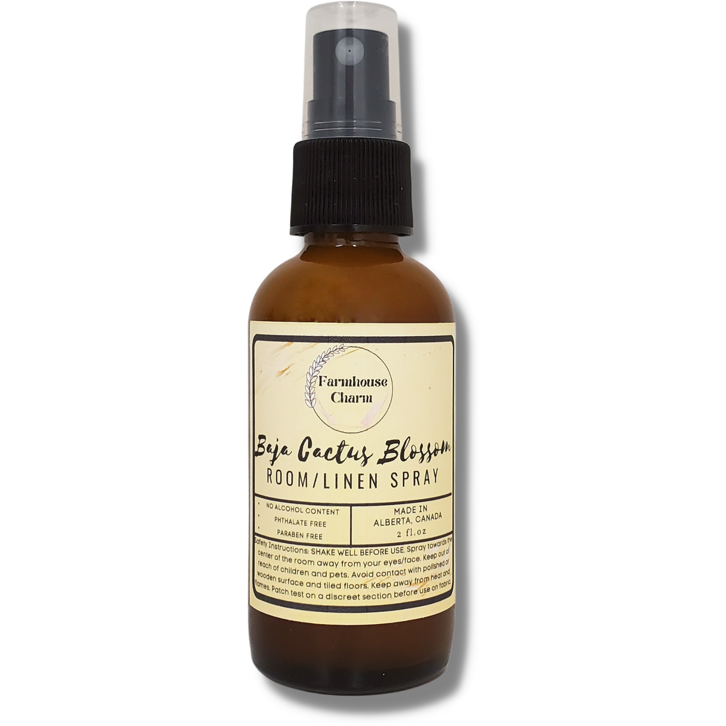 Baja Cactus Blossom Room and Linen Spray- Farmhouse Charm is a refreshing blend of florals and light coconut with sandalwood and soothing musk base..  Baja Cactus Blossom Room and Linen Spray- Farmhouse Charm  Net Weight: 2 oz No Alcohol Content Phthalate Free Paraben Free