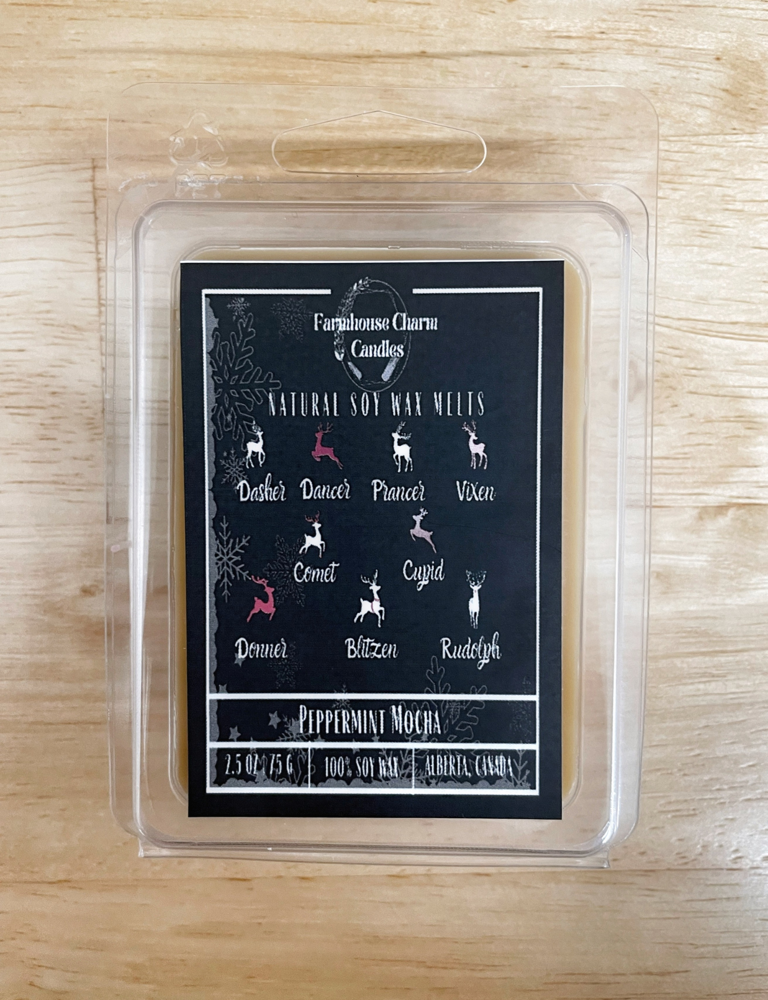 Make Sure You're on Santa's Nice List with Reindeer's Brew Soy Wax Melts. This winter, take a sweet and delightful escape with our Reindeer's Brew Soy Wax Melts. Our candle is the perfect combination of espresso, cocoa, and peppermint with a hint of marshmallow, creating the ideal ambiance. Plus, it features the names of Santa's reindeer – a festive addition to your holiday season.es.   size: 2.5 oz. (75 g) www.farmhousecharmcandles.com