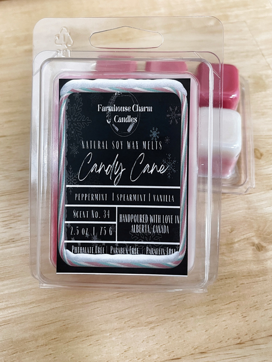 Candy Cane Soy Wax Melts is the perfect blend of nostalgic and refreshing scents. The cool peppermint and spearmint notes provide a crisp and invigorating aroma, while the sweetness of vanilla adds a touch of warmth and comfort. www.farmhousecharmcandles.com