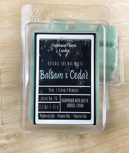  Experience the Joy of the Holidays with Balsam & Cedar Soy Wax Melts. It's scent is a combination of balsam, cedar, and juniper berry, which together create a warm and inviting fragrance. The woody aroma adds texture to the wonderful forest scent, creating the perfect ambiance for the holiday season!  size: 2.5 oz. (75 g)  Balsam & Cedar Soy Wax Melts is hand poured with love in Alberta, Canada. It is made with 100% natural soy wax .  www.farmhousecharmcandles.com