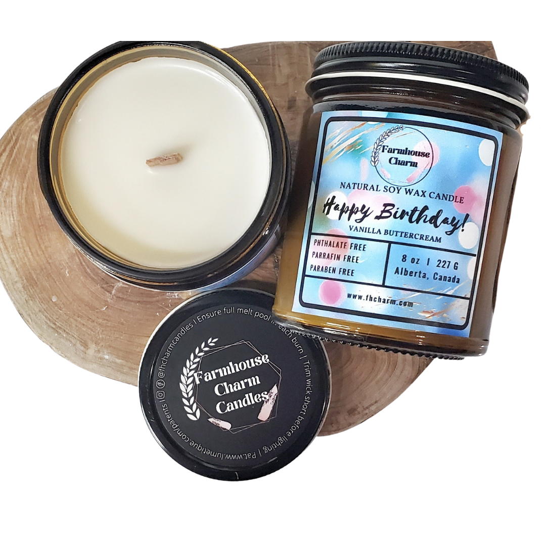 Make Any Day Extra Special with Happy Birthday - Farmhouse Charm Soy Candle.  Experience the joy of a classic birthday cake scent this candle. The unmistakable aroma of vanilla buttercream evokes the celebratory spirit. Treat yourself or a loved one to this perfect candle for any special occasion!