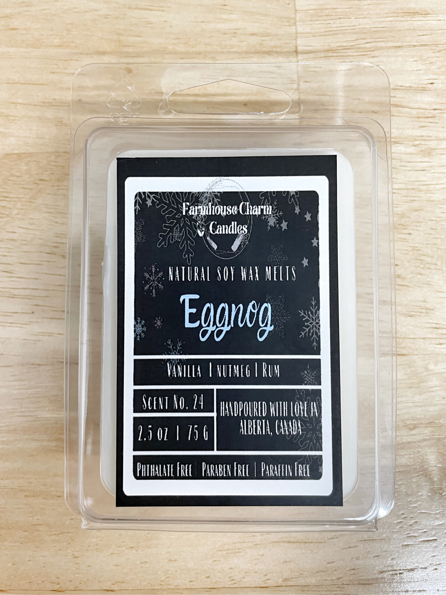 Indulge in the Festive Season with Eggnog Soy Wax Melts.  Experience the delicious aroma of vanilla buttercream expertly mixed with nutmeg, cinnamon, clove and a hint of rum. Our Eggnog Soy Wax Melts is the perfect guilty pleasure for the holidays!  size: 2.5 oz. (75 g) www.farmhousecharmcandles.com