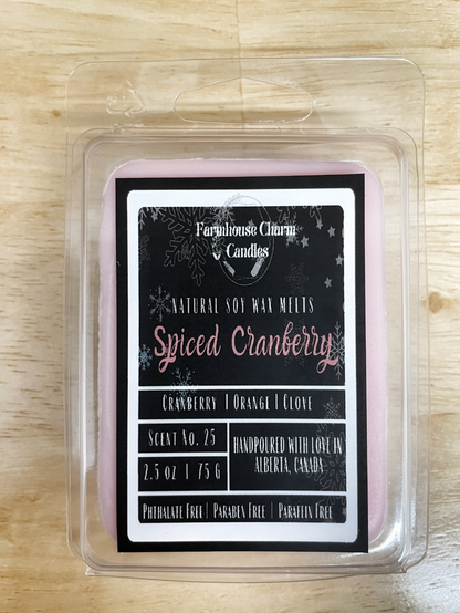 Experience the Festive Season with Spiced Cranberry Soy Wax Melts.  Our Spiced Cranberry Soy Wax Melts embodies the true essence of the holiday spirit. The sweet and inviting aroma will fill any room with warmth and comfort. The tart cranberry and mulberry notes provide a refreshing and fruity scent, complemented by the tangy orange that adds a zesty twist. The combination of spicy clove and warm cinnamon creates a cozy ambiance, perfect for chilly winter nights.www.farmhousecharmcandles.com