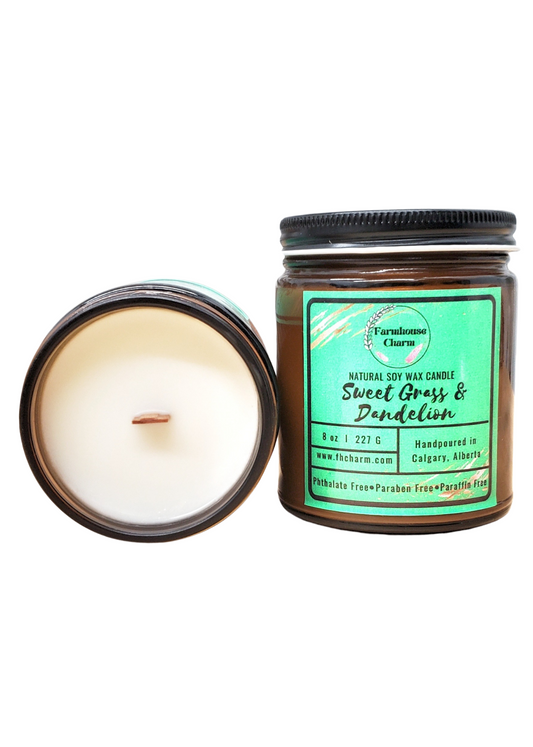 With clear sky and warm weather on the way, the nostalgic smell of green grass fills the air and dandelion fluffs in the meadow. Sweet Grass & Dandelion- Farmhouse Charm Natural Soy Candle brings you a fresh beginning and carefree feeling of spring. It is a trio of green sweet grass, dandelion and refreshing citrus.  size: 8 oz. (227 g)