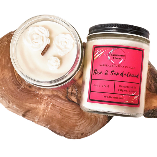 Roses through time have been a symbol of love and romance. A sweet floral aroma of fresh roses is a timeless scent to celebrate one's heart's desire. Rose & Sandalwood- Farmhouse Charm Natural Soy Candle gives just the perfect balance of delicate fresh roses and earthy aroma of Sandalwood.   size: 8 oz (227 g)  Rose & Sandalwood- Farmhouse Charm Natural Soy Candle is made with 100% natural soy wax. It is biodegradable and from a sustainable source. This candle is dye free, paraben free and phthalate free. 