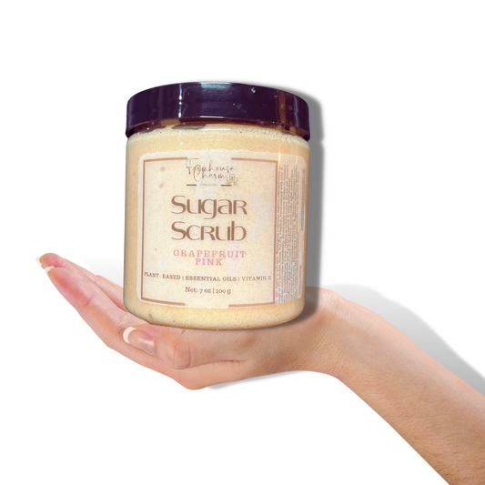 Farmhouse Charm Sugar Scrub- Grapefruit Pink is a skincare product made with natural & plant-based ingredients, such as Sugar | Avocado Oil | Cocoa Butter | Essential Oils | Vitamin E Oil that are used to exfoliate and moisturize the skin. It helps to remove dead skin cells and promote healthy, glowing skin. It does not contain any artificial colorants and fragrance.