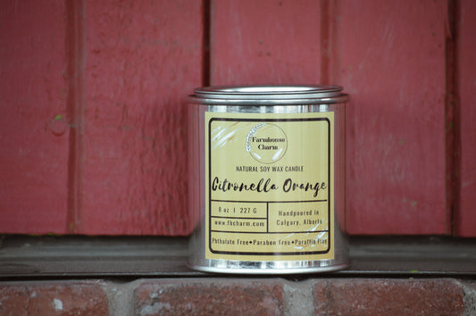 Keep the mosquitos away with this outdoor Citronella Orange- Farmhouse Charm Natural Soy Candle. Its a blend of citrusy orange and bug repellant citronella. size: 8 oz. (227 g) Citronella Orange- Farmhouse Charm Natural Soy Candle is made with 100% natural soy wax. The candle is dye free, paraben free and phthalate free. No other additives added.