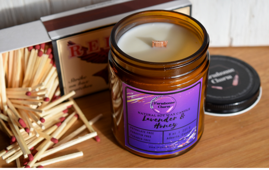 Lavender & Honey - Farmhouse Charm Natural Soy Candle is an in-house blend of soft lavender & woody fragrance that intertwines with fresh fern, sweet honey & warm sandalwood. It is a perfect candle for relaxation and meditation. It is one of the candles that is perfect for everyday use.   size: 8 oz (227 g)  Lavender & Honey - Farmhouse Charm Natural Soy Candle is made with 100% natural soy wax. It is biodegradable and from a sustainable source. This candle is dye free, paraben free and phthalate free. 
