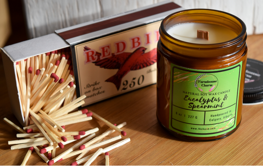 A soothing and refreshing scent. Eucalyptus and Spearmint- Farmhouse Charm Natural Soy Candle is a perfect candle for relaxation and to clear one's mind. Its a herbal blend of eucalyptus & spearmint with fresh citrus lemon. It smells clean and fresh.  size: 8 oz (227 g)  Eucalyptus and Spearmint- Farmhouse Charm Natural Soy Candle is made with 100% natural soy wax. It is biodegradable and from a sustainable source. This candle is dye free, paraben free and phthalate free. No other additives added. 