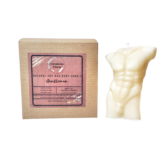 Fill your home or your man cave with Gentleman - Farmhouse Charm Natural Soy Wax Body Candle. It is a blend of dark oak, bergamot with a hint of bourbon.   Gentleman - Farmhouse Charm Natural Soy Wax Body Candle is made with 100% natural soy wax.  It is biodegradable and from a sustainable source. The candle is dye free, paraben free and phthalate free. No other additives added. It has cotton wick for optimum burn.